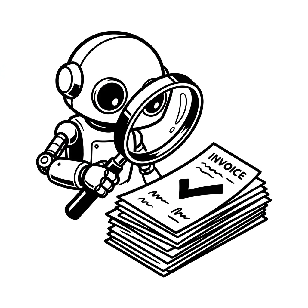 A robot checks a stack of invoices with a magnifying glass