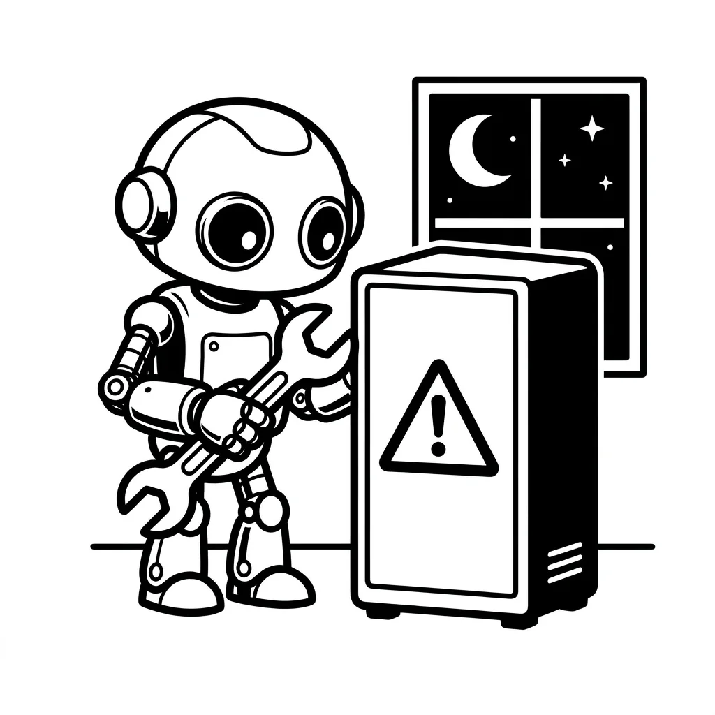 A robot with a torch repairs a blinking server rack at night