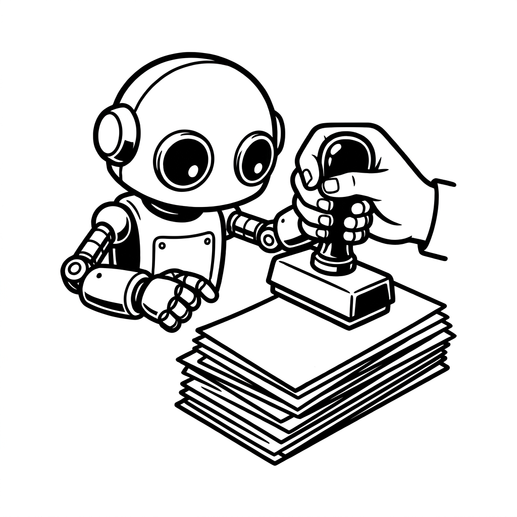 Eine Roboterhand und eine Menschenhand halten gemeinsam einen Stempel