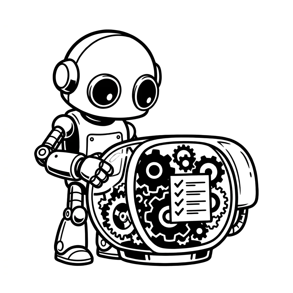 A robot with a glass belly in which gears and a checklist are visible