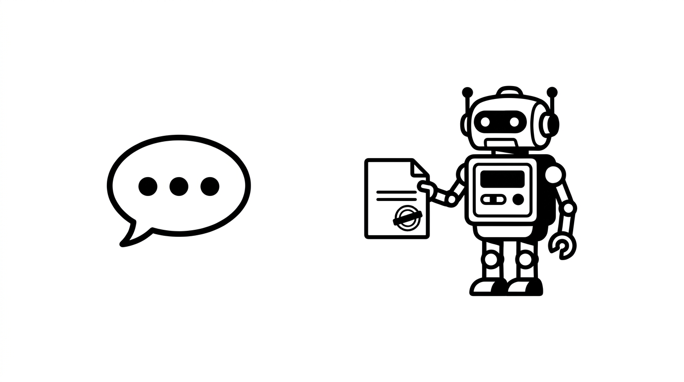 Links eine Sprechblase mit drei Punkten, rechts ein Roboter, der ein abgestempeltes Dokument übergibt
