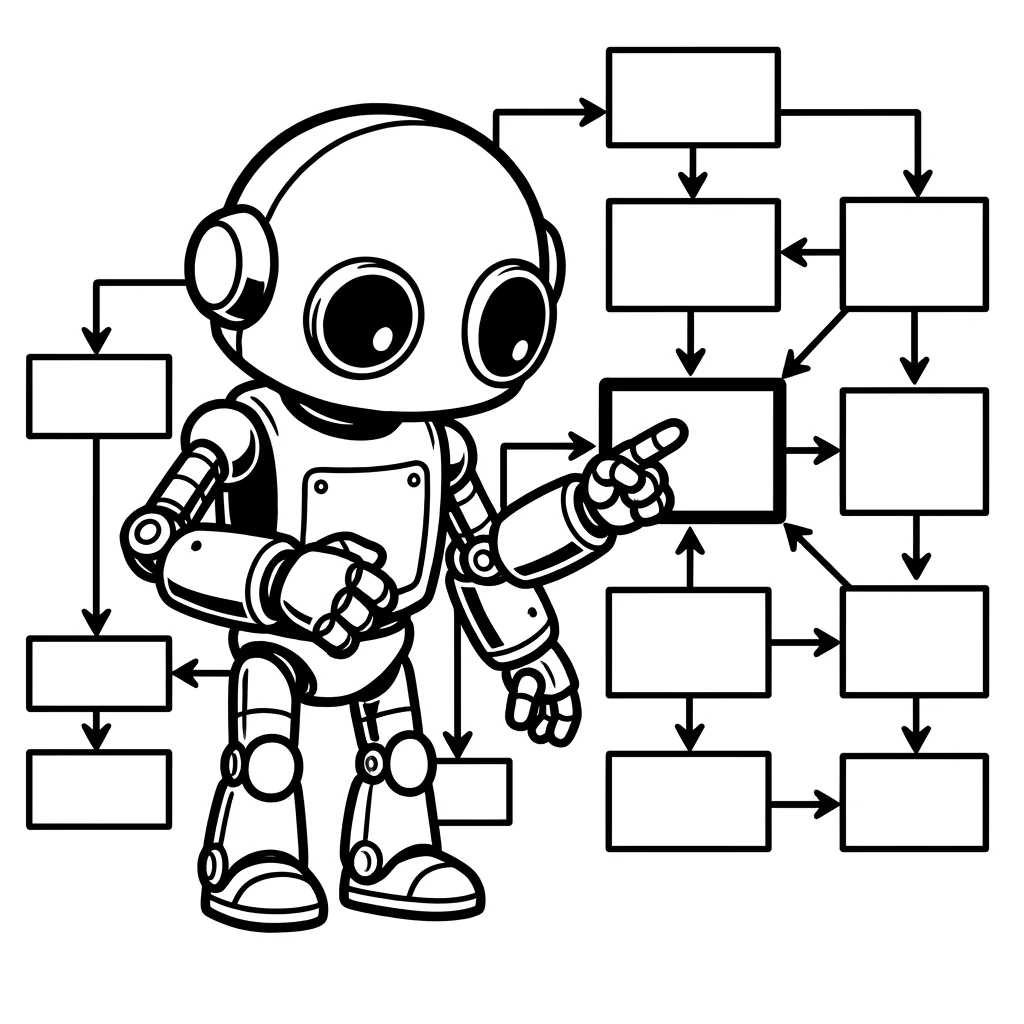 A robot points at a highlighted box in a flowchart