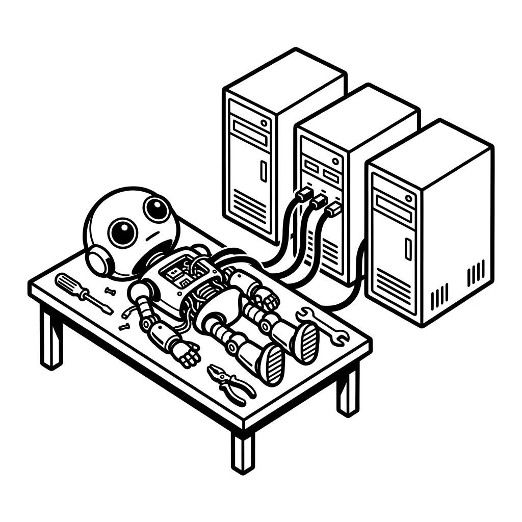A robot is assembled on a workbench, cables lead to three servers