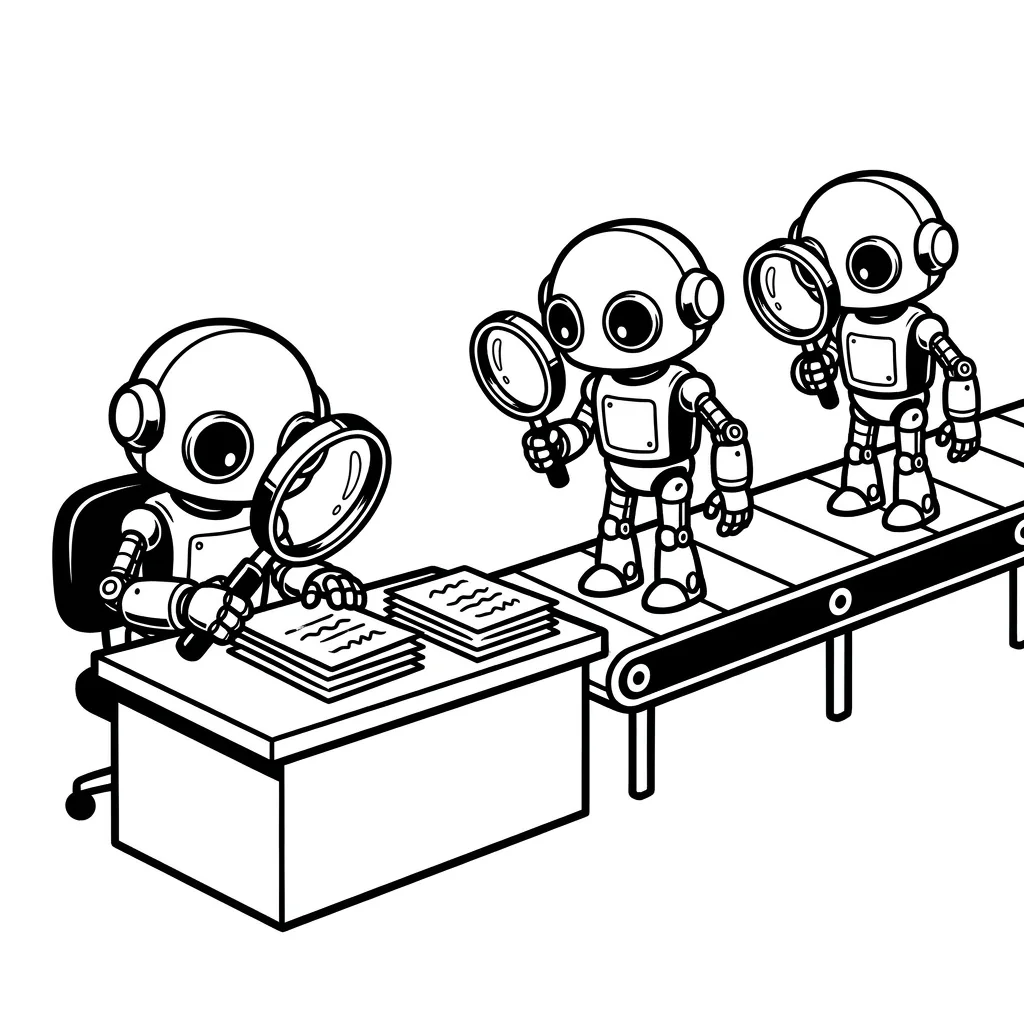 Three identical robots on a belt, the first is already working at a desk