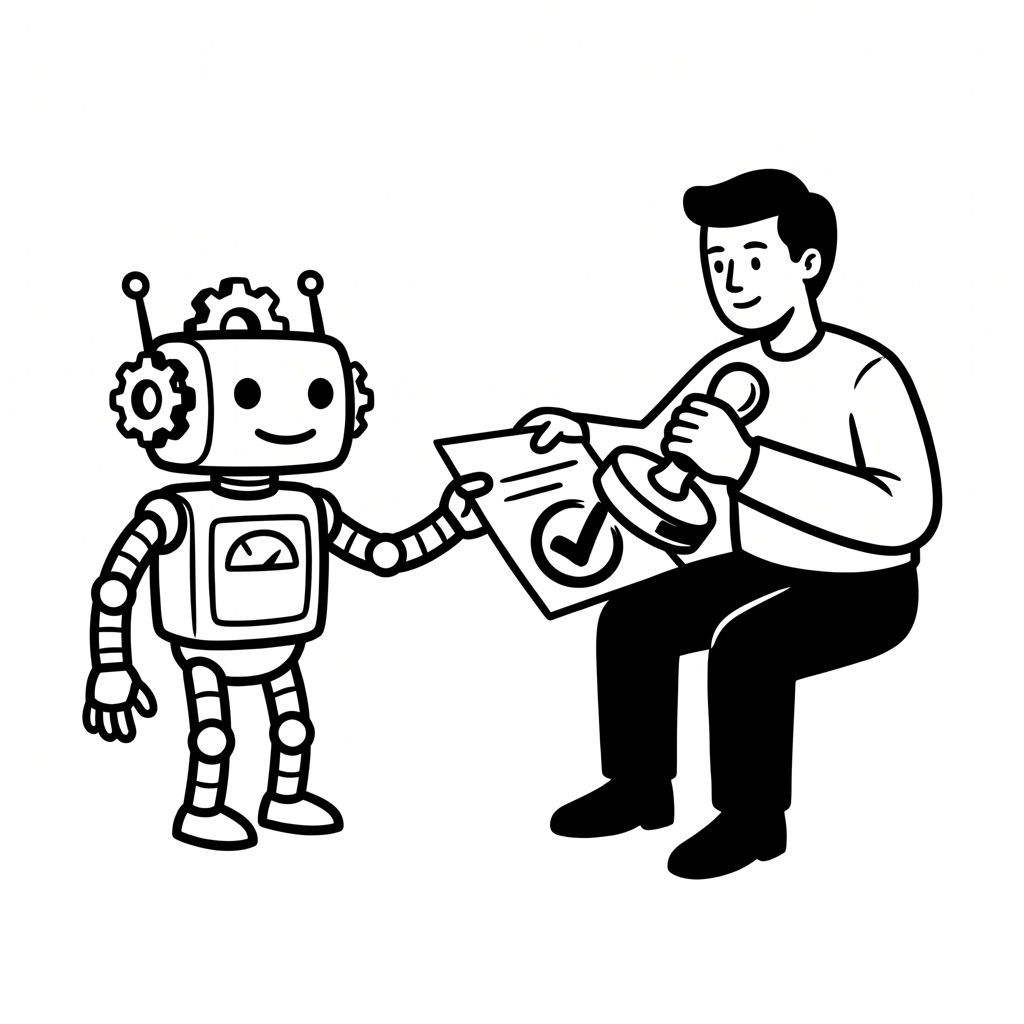 Ein Roboter reicht ein Dokument, eine Person setzt den Freigabestempel