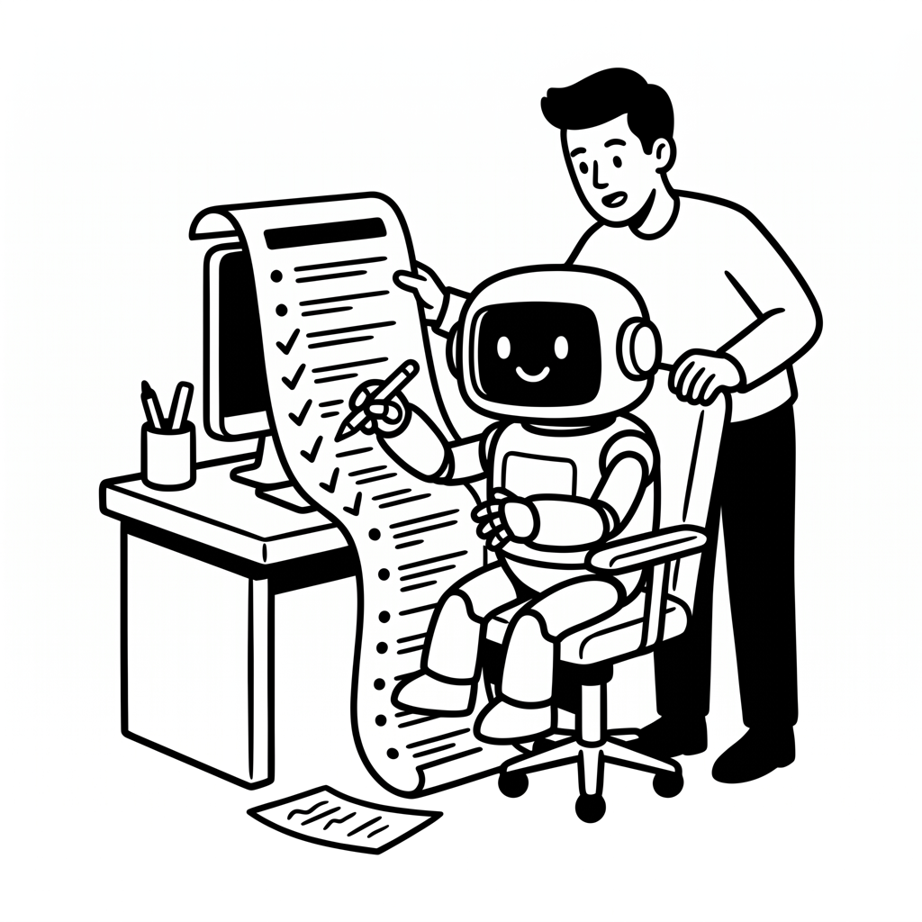 Ein Roboter hakt eine Checkliste ab, eine Person schaut ihm über die Schulter