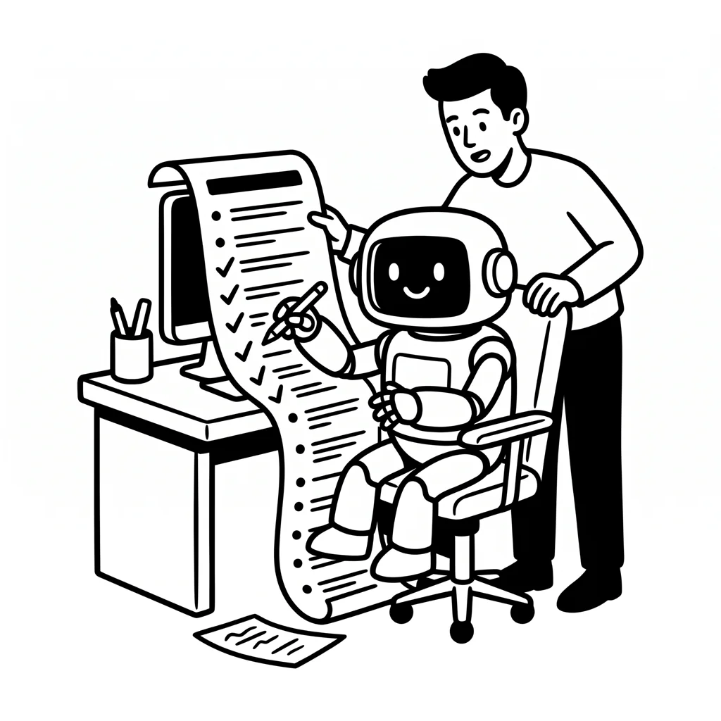 A robot ticks off a checklist, a person looks over its shoulder