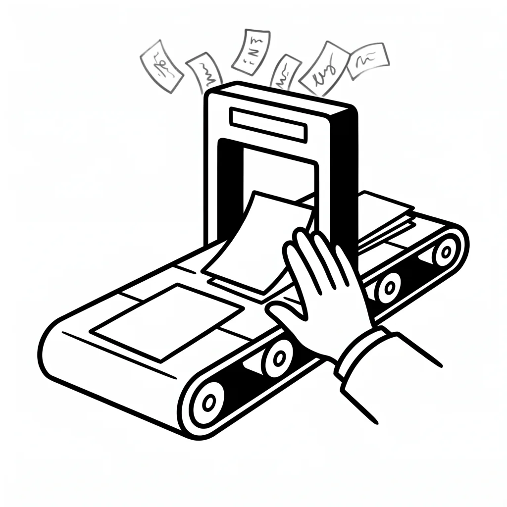 Documents run along a belt through a barrier, a person stops one of them