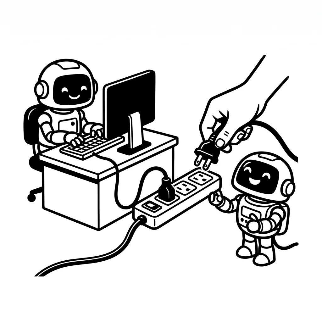 Two robots at the same power strip, one already working, the second being plugged in