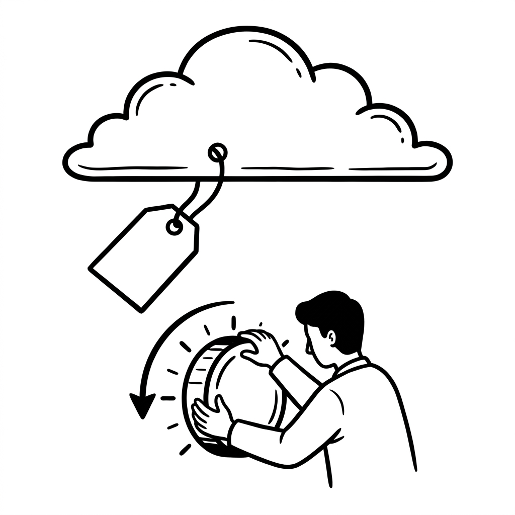 Eine Wolke mit Preisschild, eine Person dreht einen Regler herunter