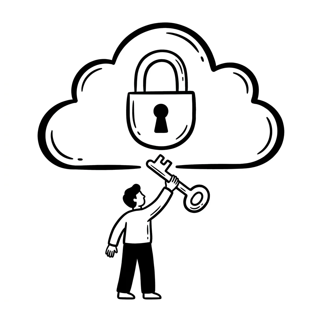 A cloud with a padlock, a person holds the key