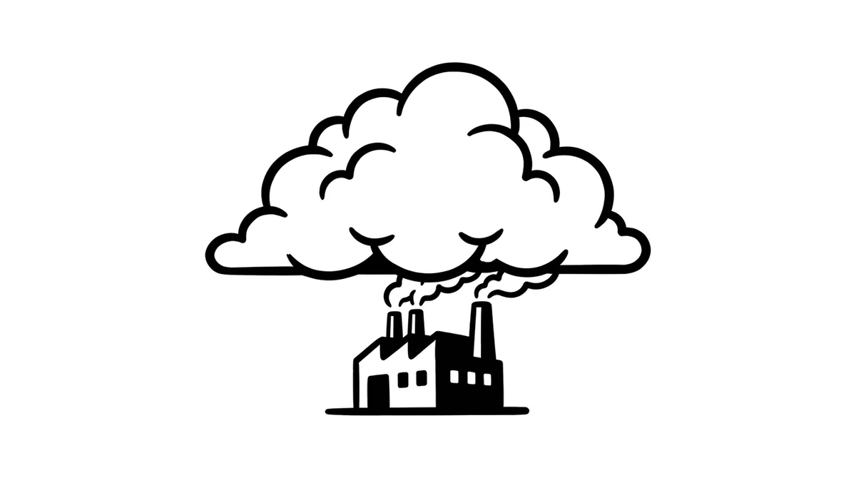 A small factory with a cloud docking onto its roof like a lid
