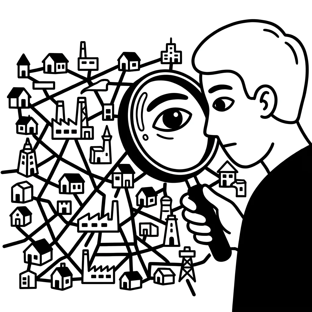 A person with a magnifying glass over a map of connected buildings
