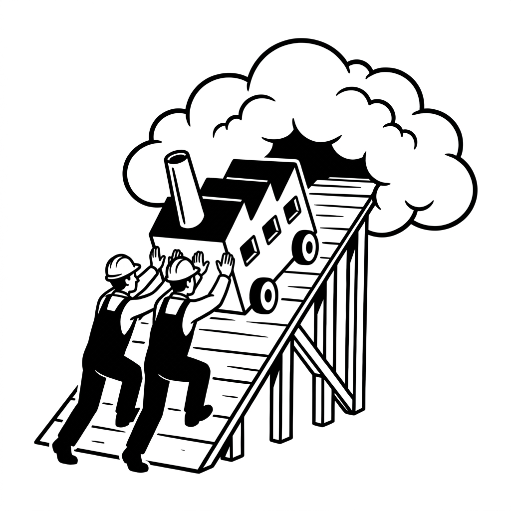 Eine kleine Fabrik auf Rädern wird eine Rampe hinauf in eine Wolke geschoben
