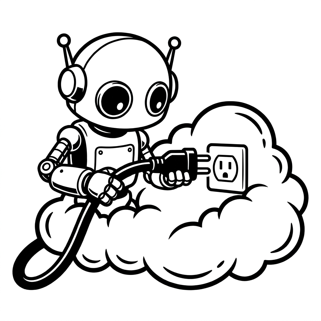 Ein Roboter steckt ein Kabel in eine Steckdose, die in einer Wolke sitzt