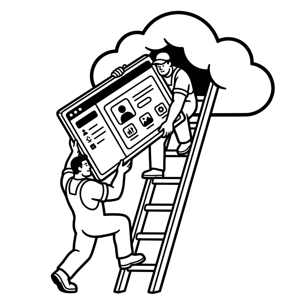 Ein Umzugsteam trägt ein Anwendungsfenster über eine Leiter in eine Wolke