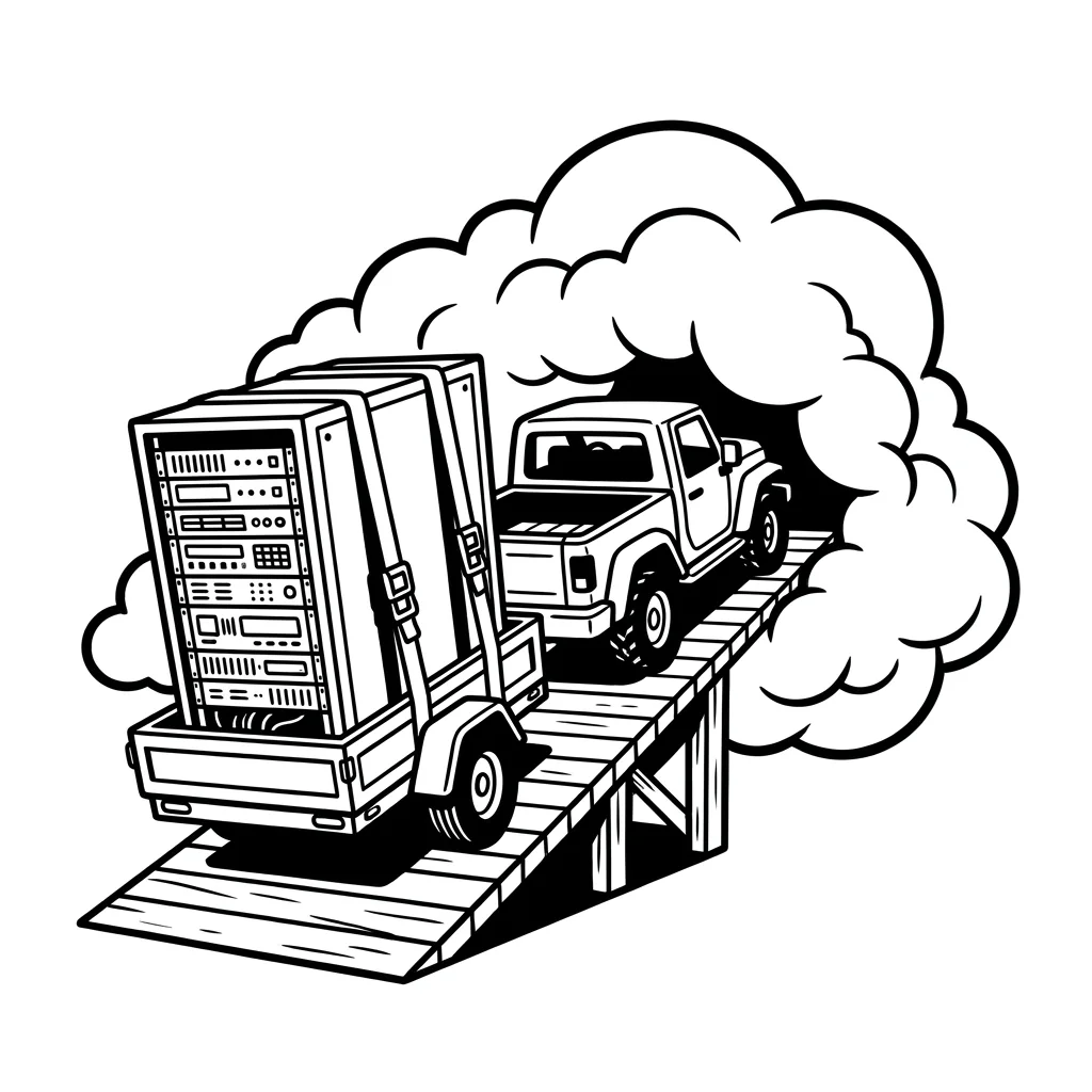 A server rack is pulled up a ramp on a trailer into a cloud