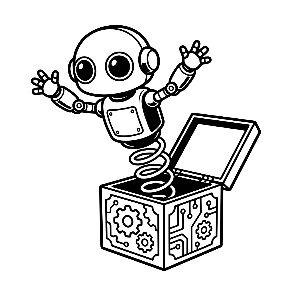 Aus einer Produktverpackung springt ein kleiner Roboter wie ein Springteufel