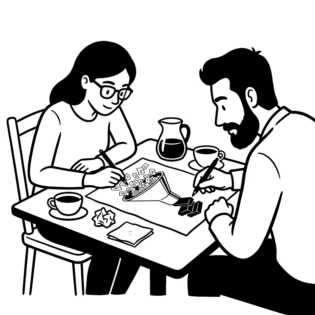 Two people sketch a machine on a napkin in a café