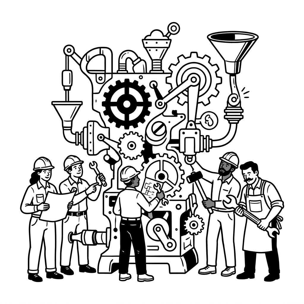 Ingenieure und ein Handwerker bauen gemeinsam eine ungewöhnliche Spezialmaschine
