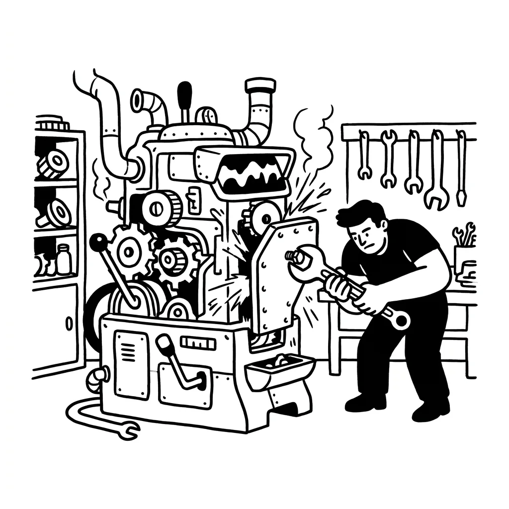 A special machine runs in a workshop, a mechanic fits a new part