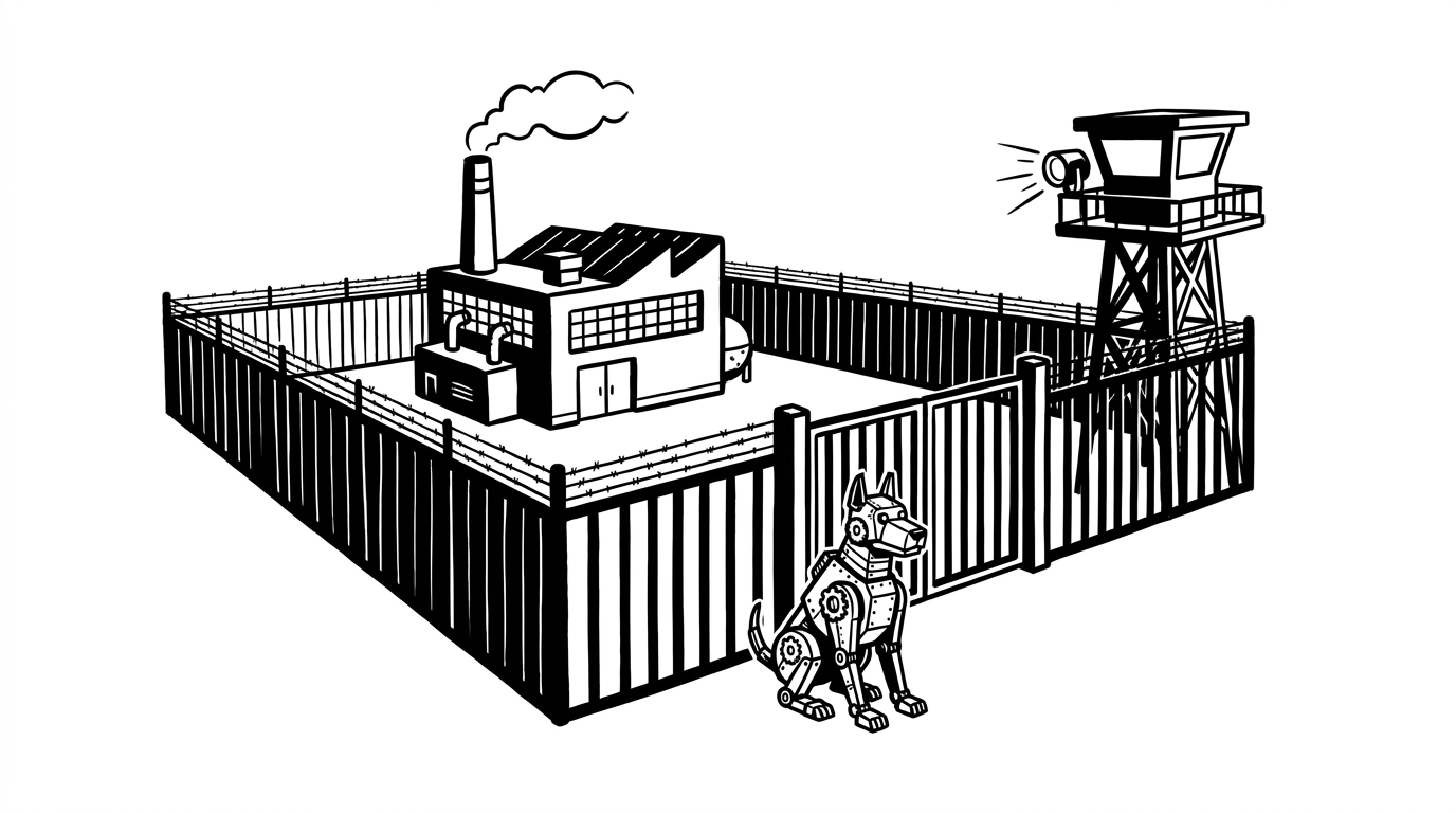 Eine kleine Fabrik mit stabilem Zaun, Wachturm mit Suchscheinwerfer und einem Roboter-Wachhund