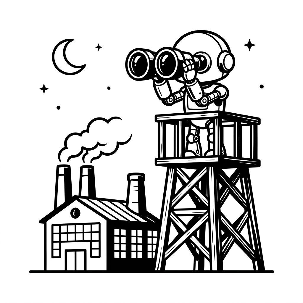 Ein Roboter mit Fernglas auf einem Wachturm über einer kleinen Fabrik bei Nacht