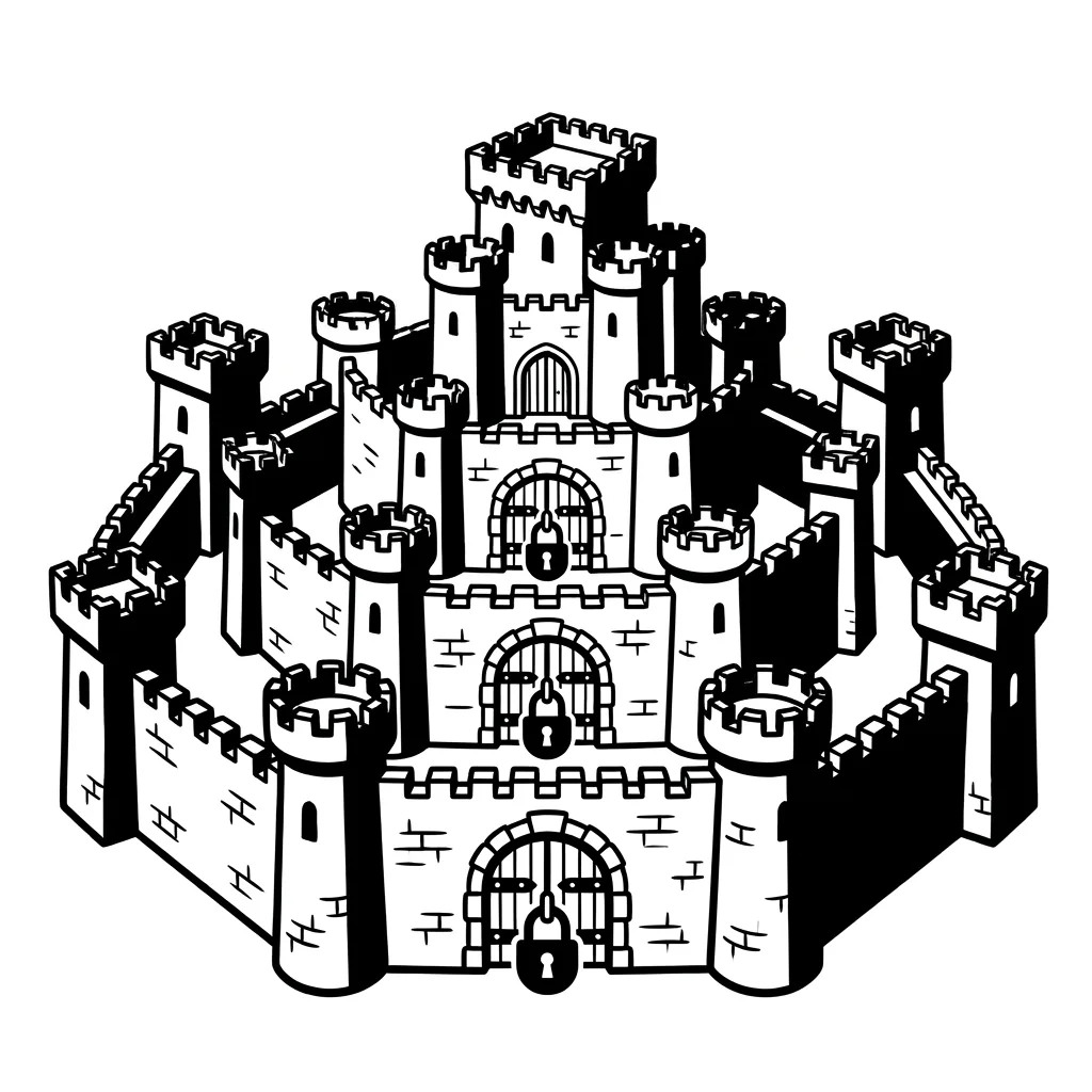 A castle with several inner walls, every gate with a lock