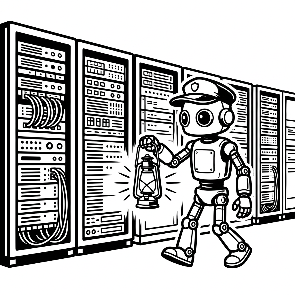 Ein Roboter-Nachtwächter mit Laterne geht an Server-Racks vorbei