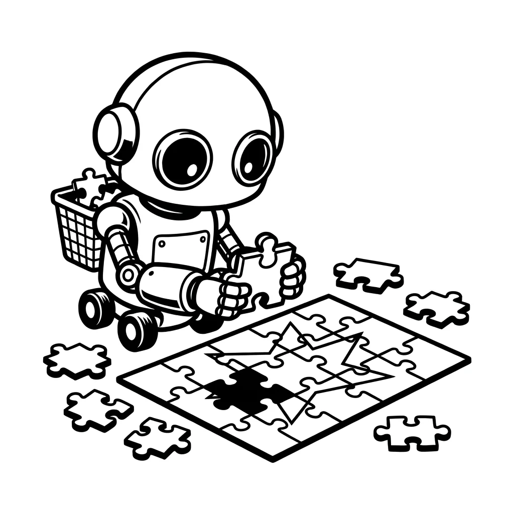A small robot gathers scattered puzzle pieces into a finished puzzle