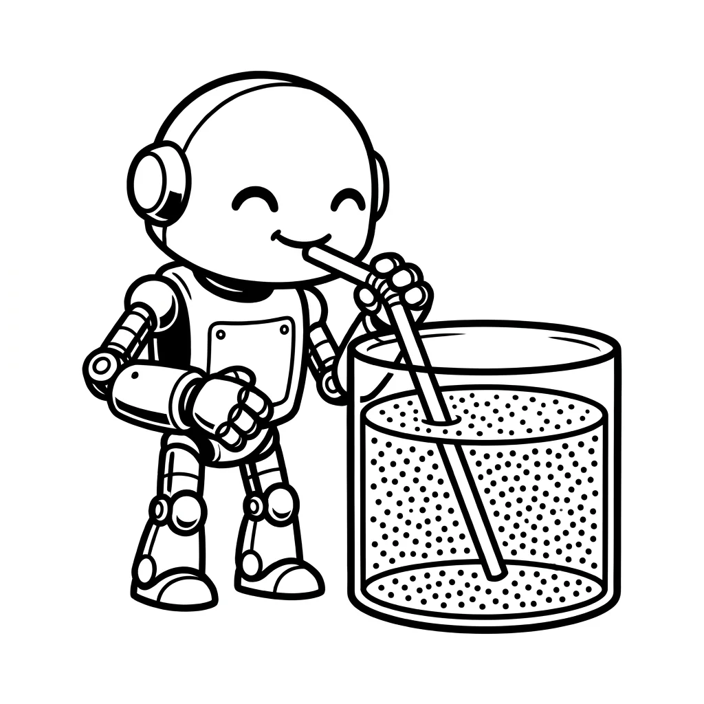A small robot drinks from the large glass tank with a straw