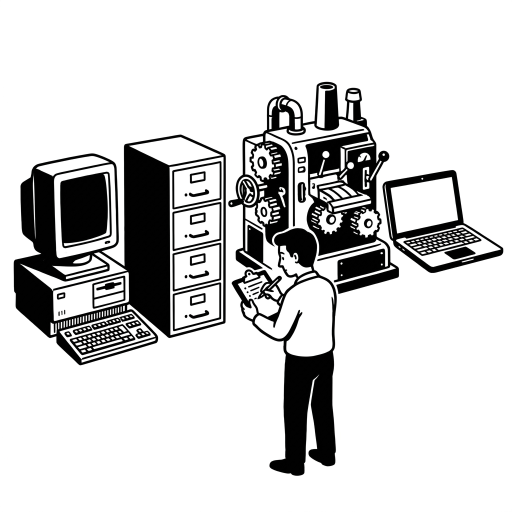 Eine Person mit Klemmbrett inspiziert eine Reihe verschiedener Maschinen und Computer
