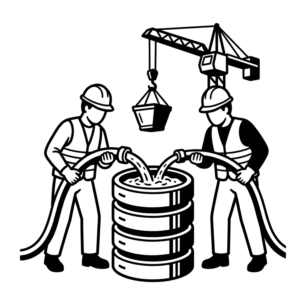 Workers pour a foundation in the shape of a database cylinder