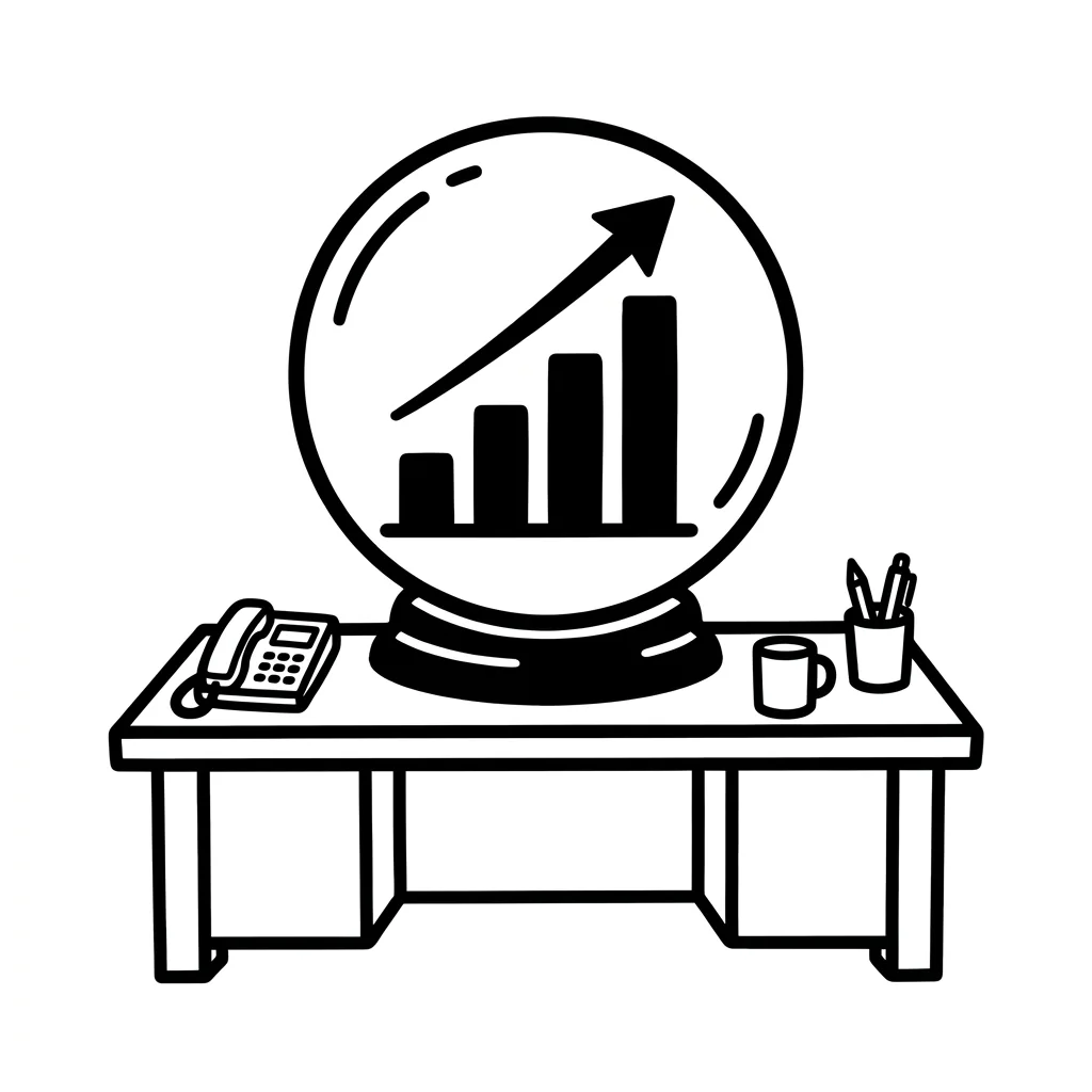 A crystal ball on a desk shows a bar chart
