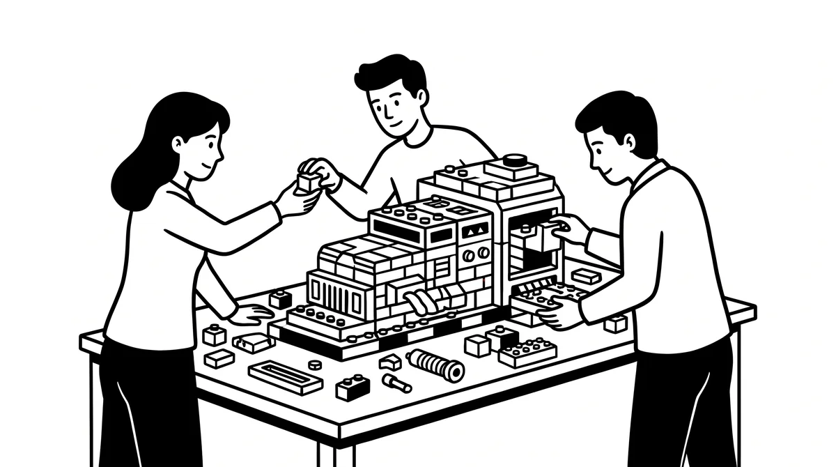 Three people assemble a machine from building blocks at a workbench
