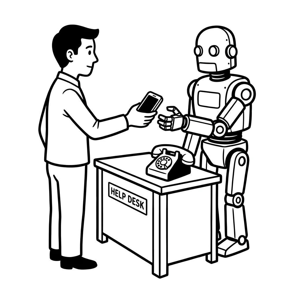 A person and a robot sit at a service desk with a single phone