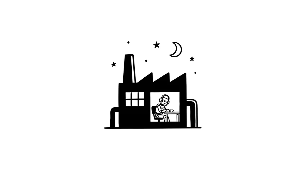 A small factory at night, in a lit window a robot with headphones sits at a desk