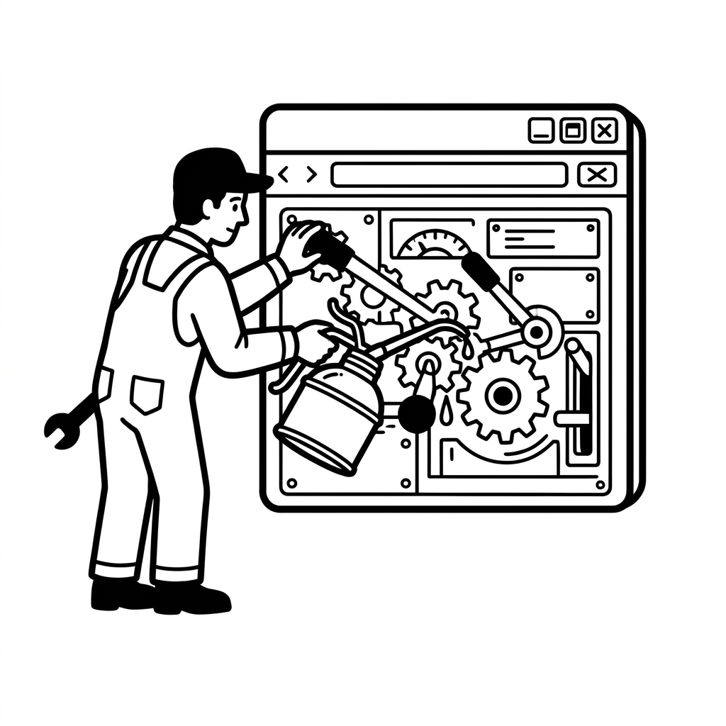 Ein Mechaniker ölt eine Maschine in Form eines Anwendungsfensters