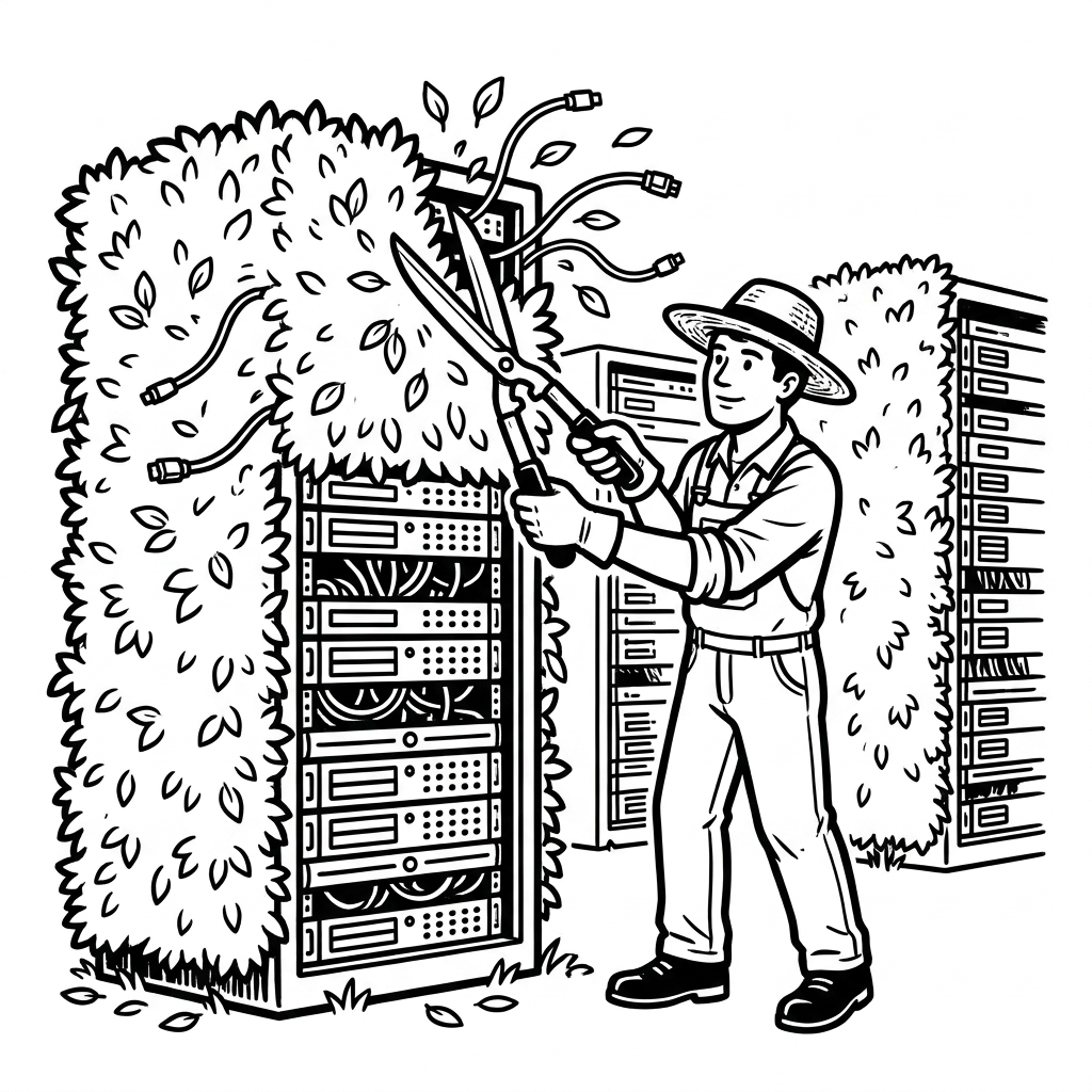 Ein Gärtner schneidet Server-Racks wie Hecken
