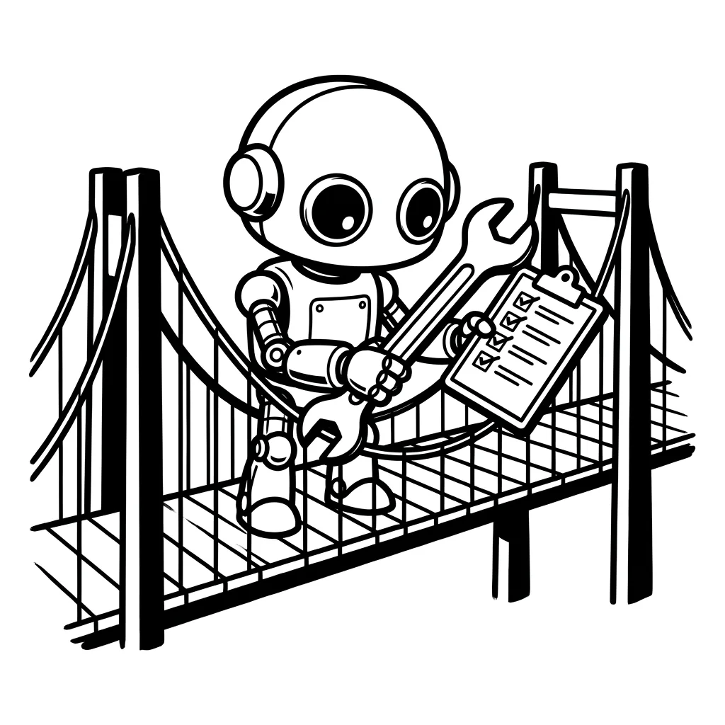 A robot with a checklist tightens the bolts of a bridge