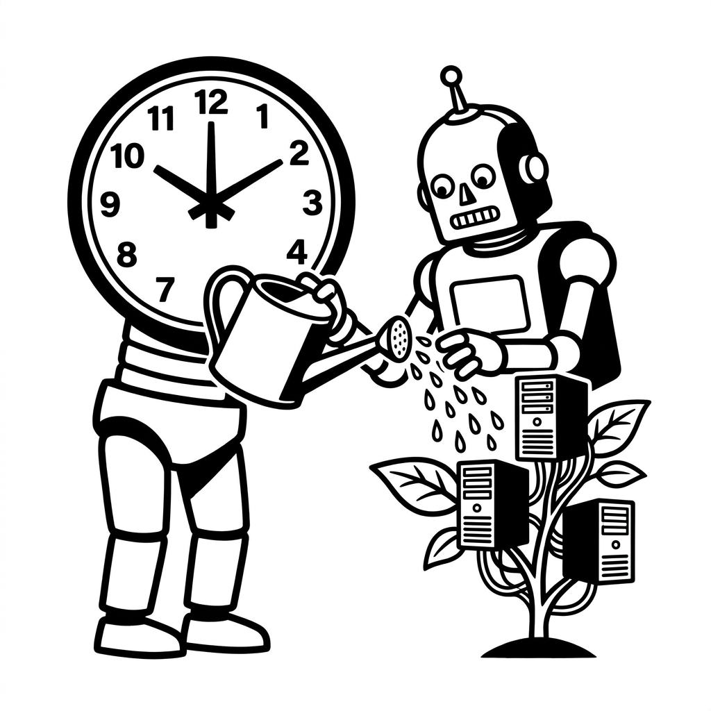 Ein Gärtner-Roboter pflegt eine wachsende Pflanze aus Servern, hinter ihm eine Uhr