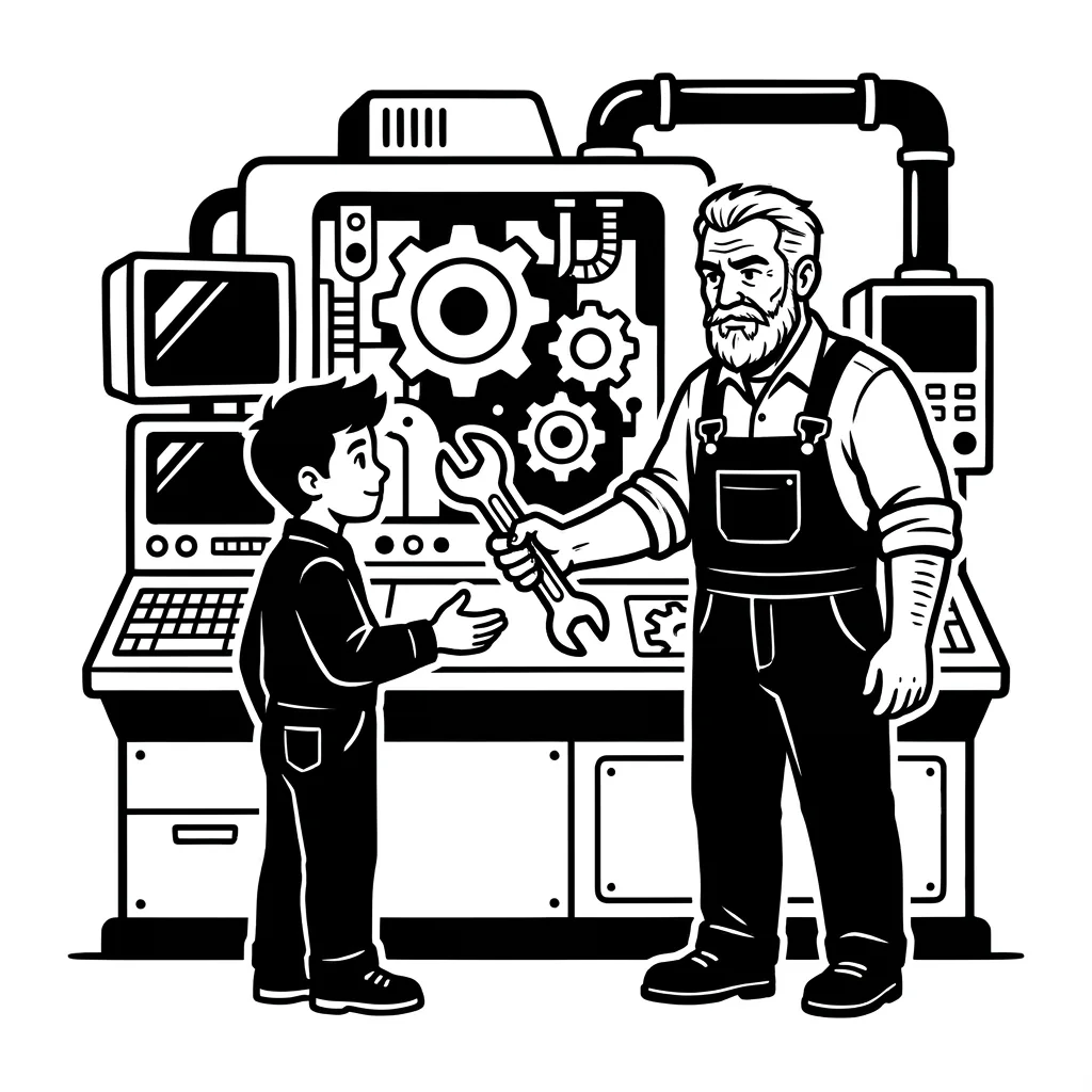 A mechanic hands an apprentice the wrench at a modern machine