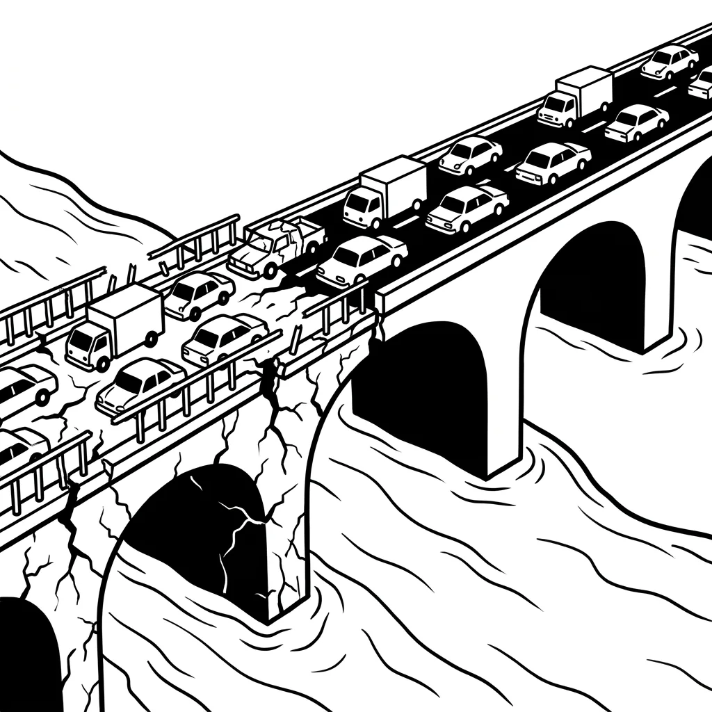 Two bridges side by side, traffic switches from the old, cracked one to the new one