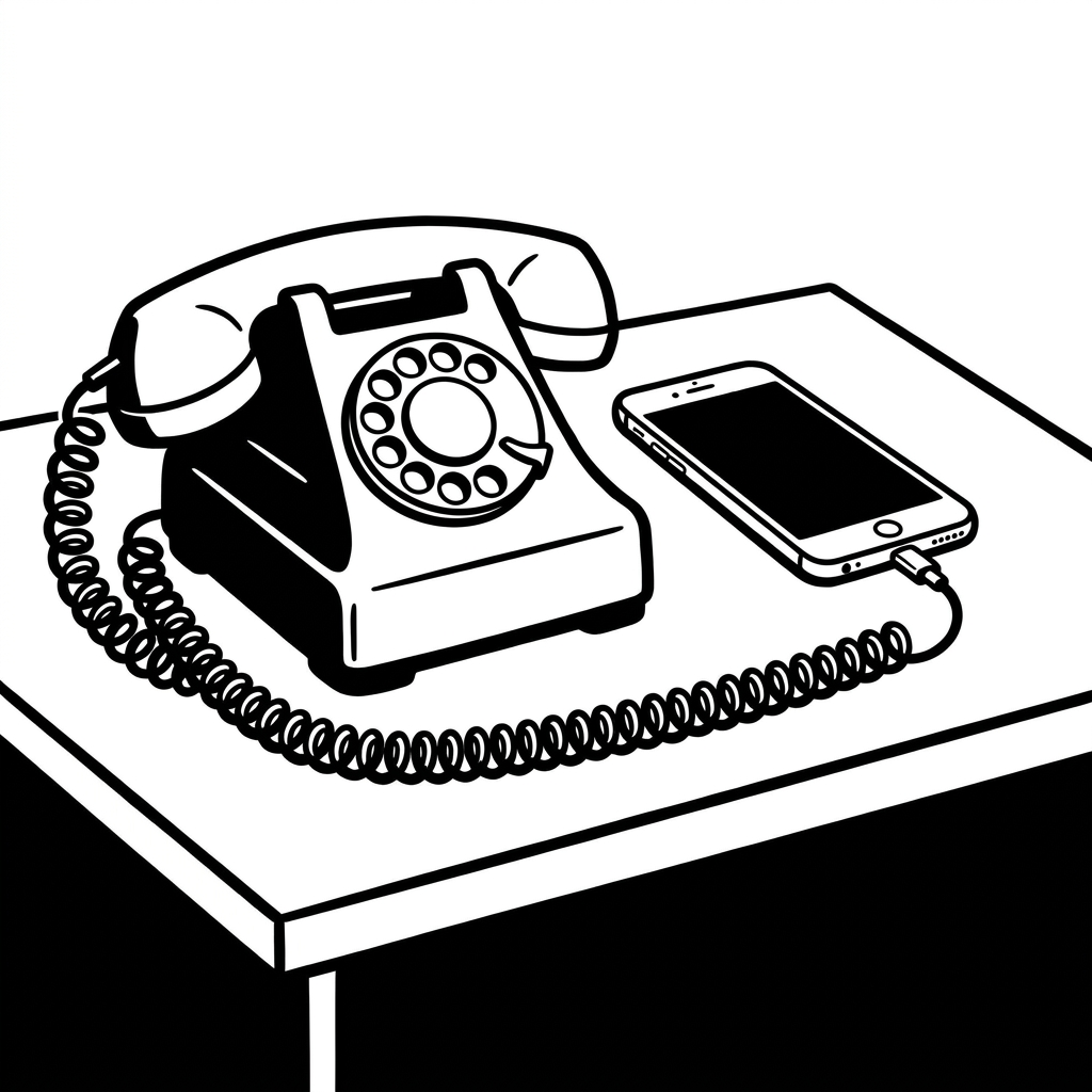 Ein altes Wählscheibentelefon und ein Smartphone auf demselben Schreibtisch, noch mit Kabel verbunden