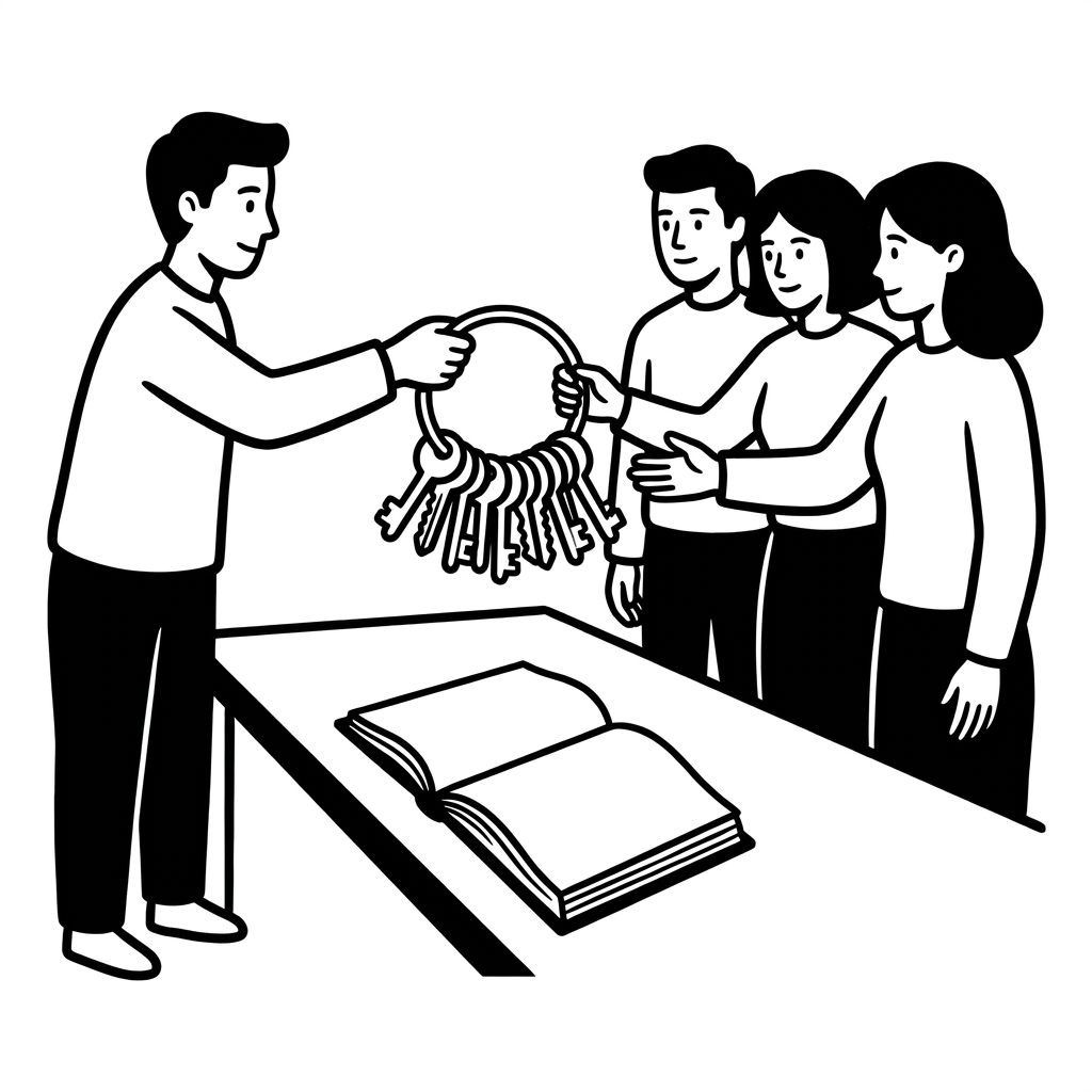 Eine Person übergibt einem Team einen großen Schlüsselbund, auf dem Tisch liegt ein Handbuch