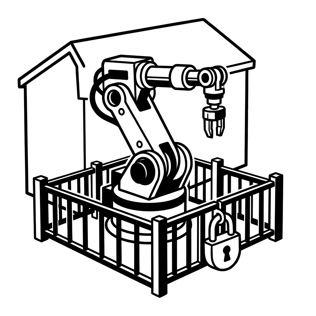 Ein Roboter steht in einer kleinen Fabrik, um ihn herum ein Zaun mit Vorhängeschloss