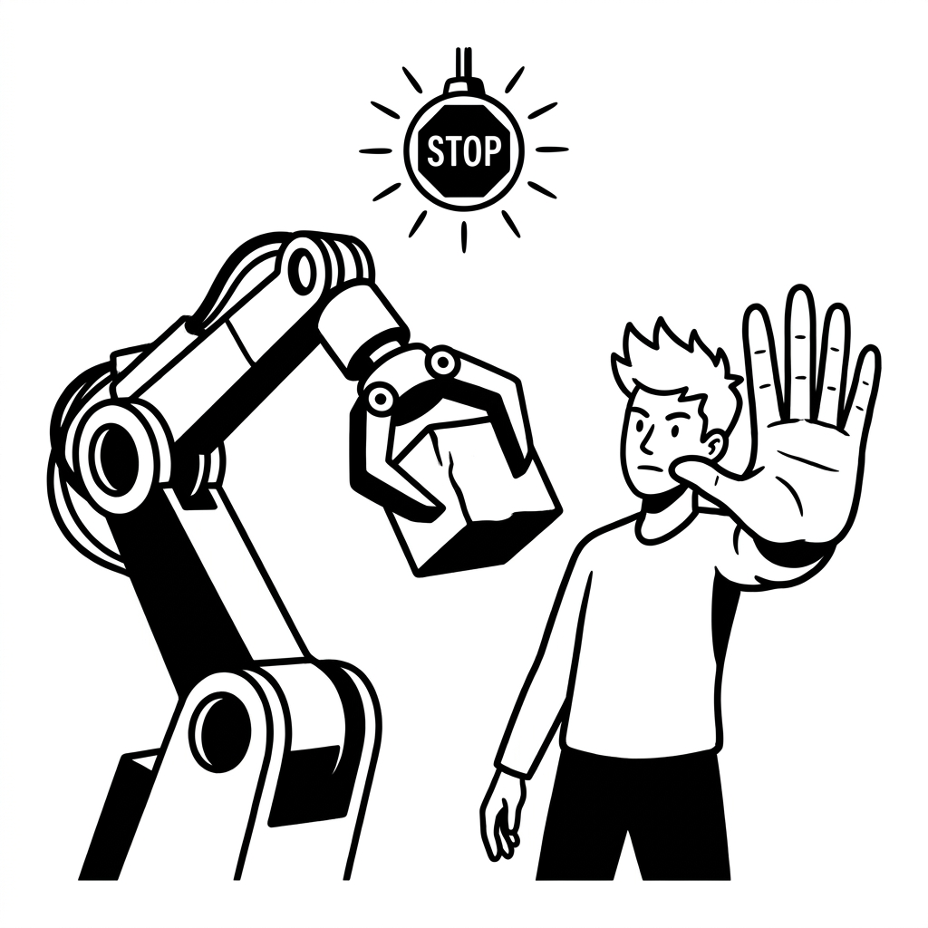Ein Roboterarm hält an, weil eine Person die Hand hebt