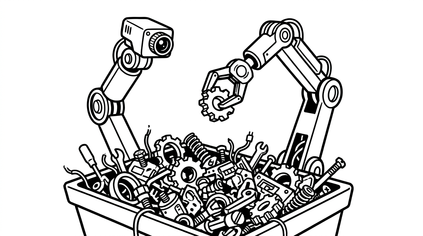 Ein Roboterarm mit Kameraauge greift ein einzelnes Teil aus einer unordentlichen Kiste
