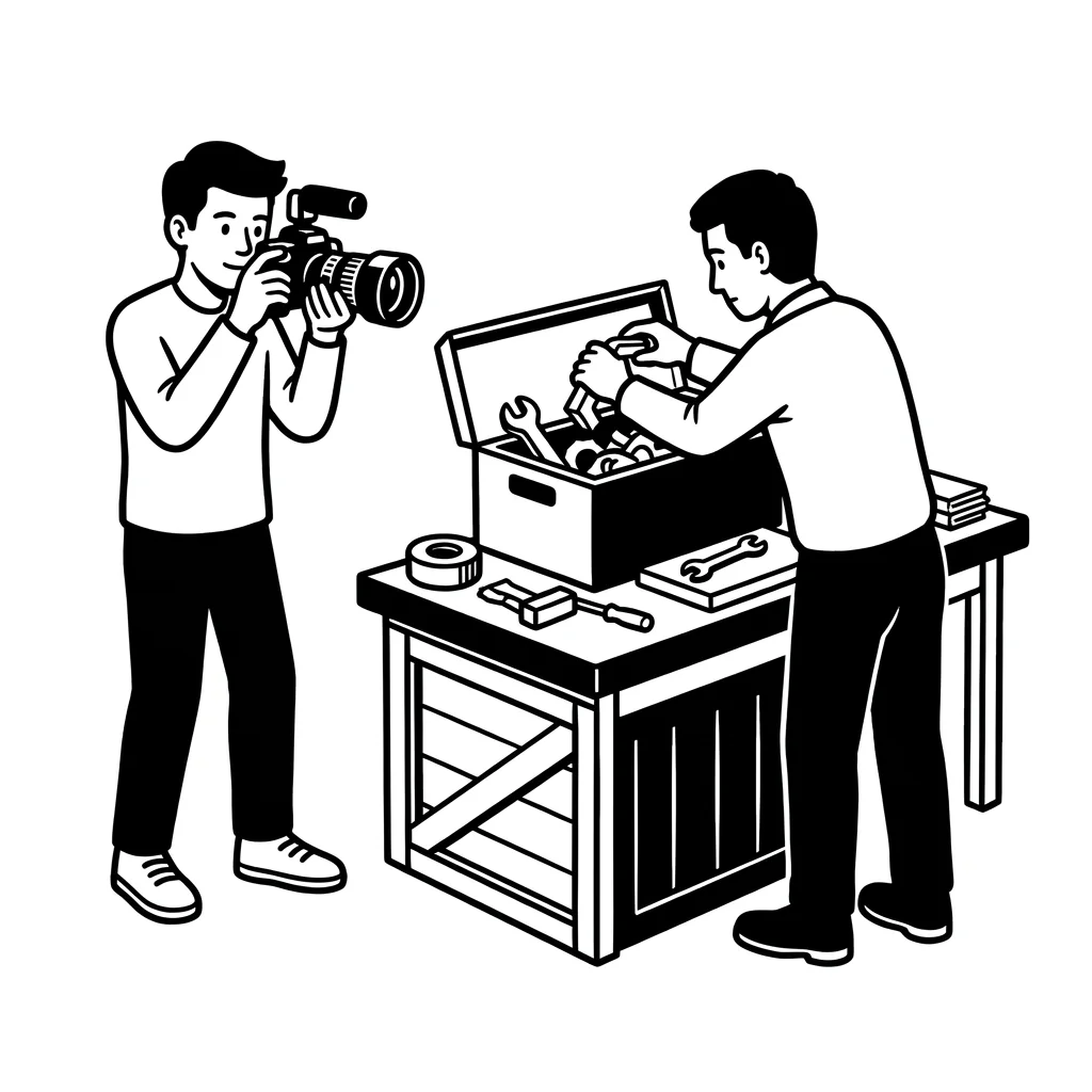 A person films with a camera how a worker picks a part from a bin