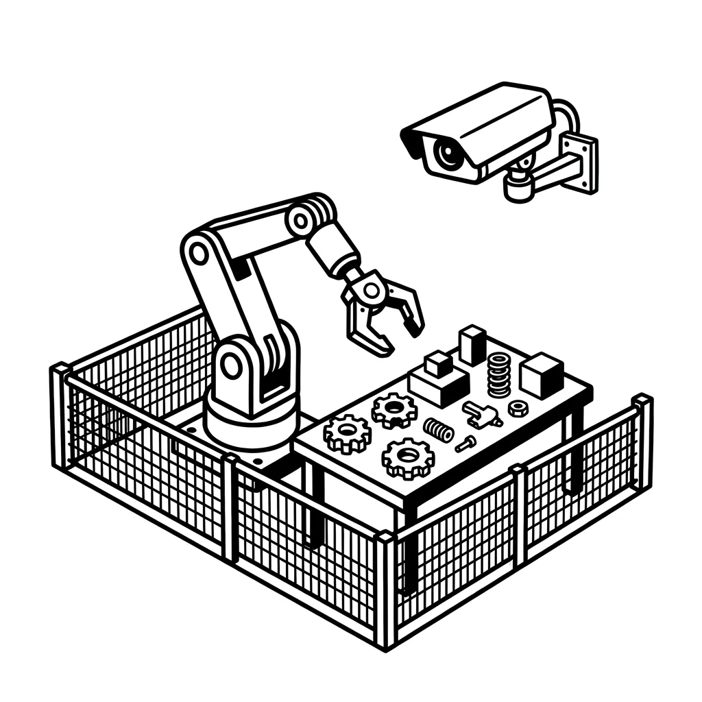 A robot arm practises gripping different parts in a fenced test cell